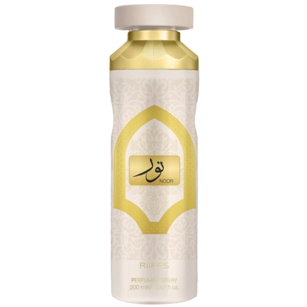 Perfume bottle with gold and white design on a white background