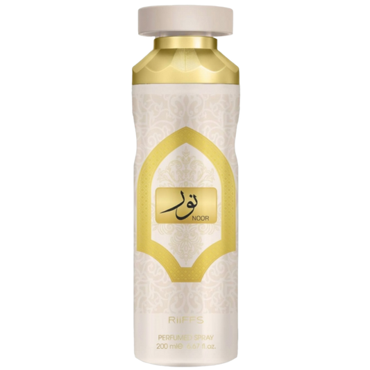 Perfume bottle with gold and white design on a white background