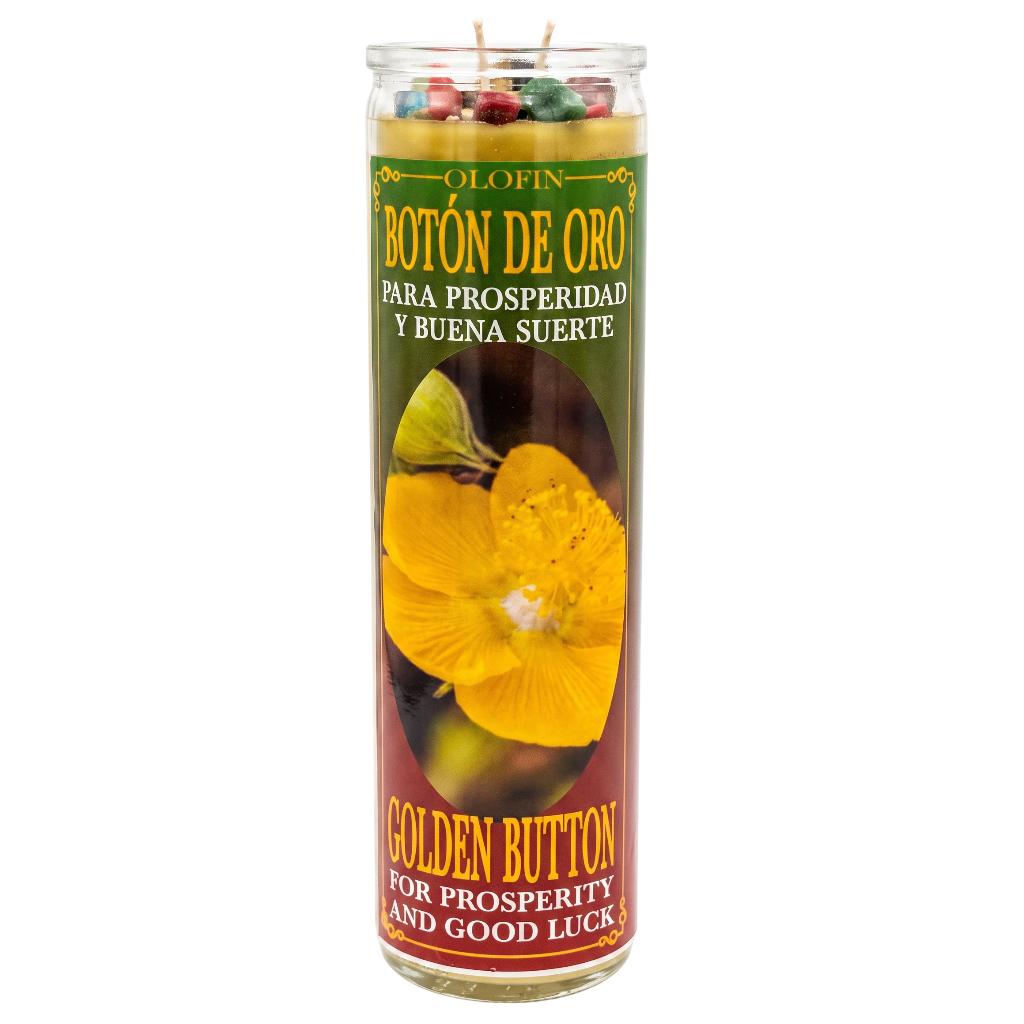 A tall glass jar candle labeled 'Botón de Oro' and 'Golden Button' with a yellow flower graphic, shown on a plain white background.