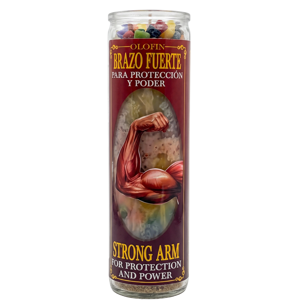 A tall glass jar candle labeled 'Olofin Brazo Fuerte' with a muscular flexing arm illustration and Spanish/English text 'Strong Arm for Protection and Power' on a white background.