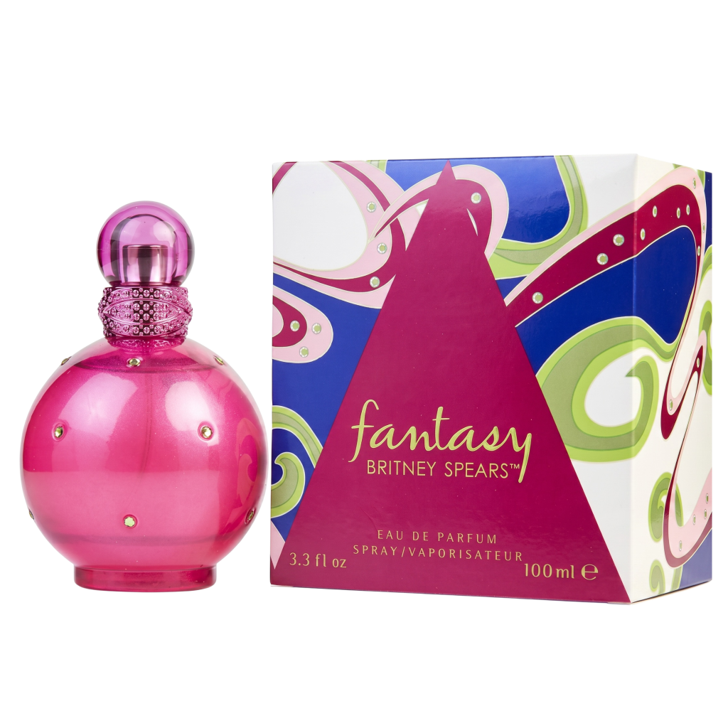 Pink perfume bottle and colorful packaging of Britney Spears' Fantasy on a white background