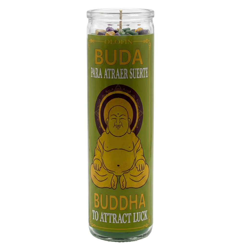 A tall glass jar candle with a green label featuring a yellow Buddha illustration and Spanish text reading 'BUDA PARA ATRAER SUERTE' and 'BUDDHA TO ATTRACT LUCK'.