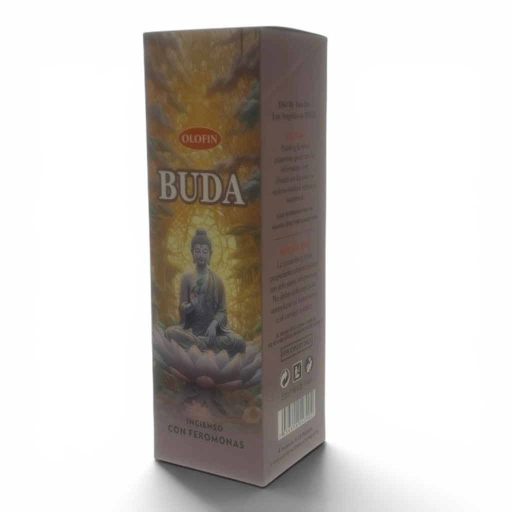 A tall rectangular box of Olofin Buda incense with a meditating Buddha on a lotus flower, set against a plain white background.