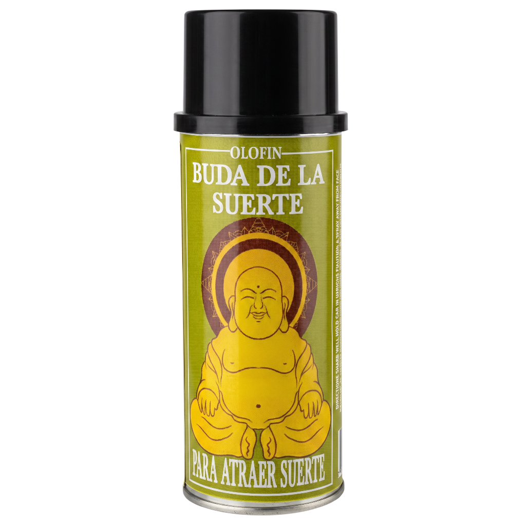 A spray can of Olofin 'Buda de la Suerte' featuring a yellow and brown illustration of a seated Buddha on a yellow-green background, with a black cap, isolated on a white background.