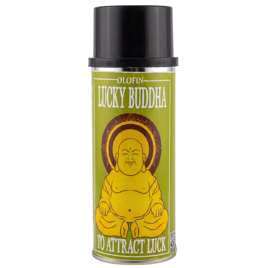 A cylindrical spray can of Olofin Lucky Buddha attract luck spray, featuring a black cap and a green label with a yellow Buddha illustration.