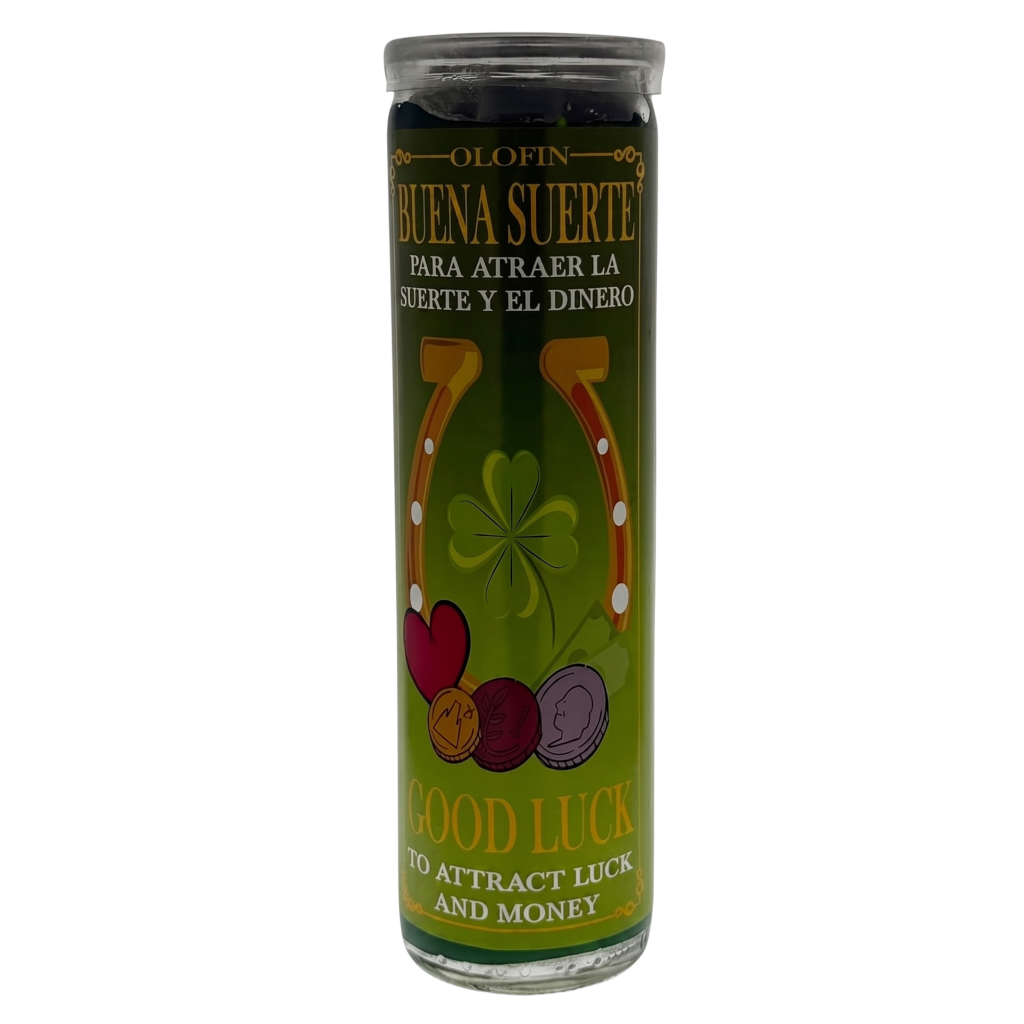  good luck candle by Olofin in a tall glass jar with a green label featuring a shamrock, horseshoe, coins, and the text 'Buta Suerte' and 'Good Luck to Attract Luck and Money'.