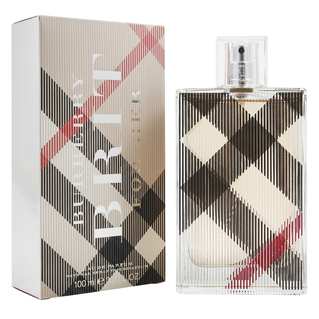Burberry Brit perfume bottle and packaging with checkered design on a white background