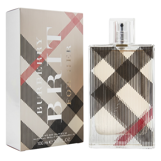 Burberry Brit perfume bottle and packaging with checkered design on a white background