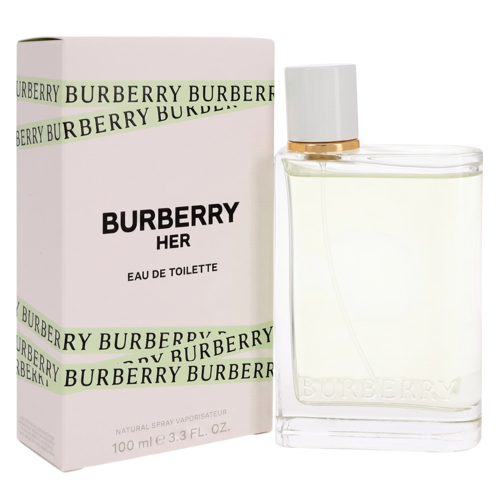 Burberry Her Eau de Toilette bottle and packaging on a white background