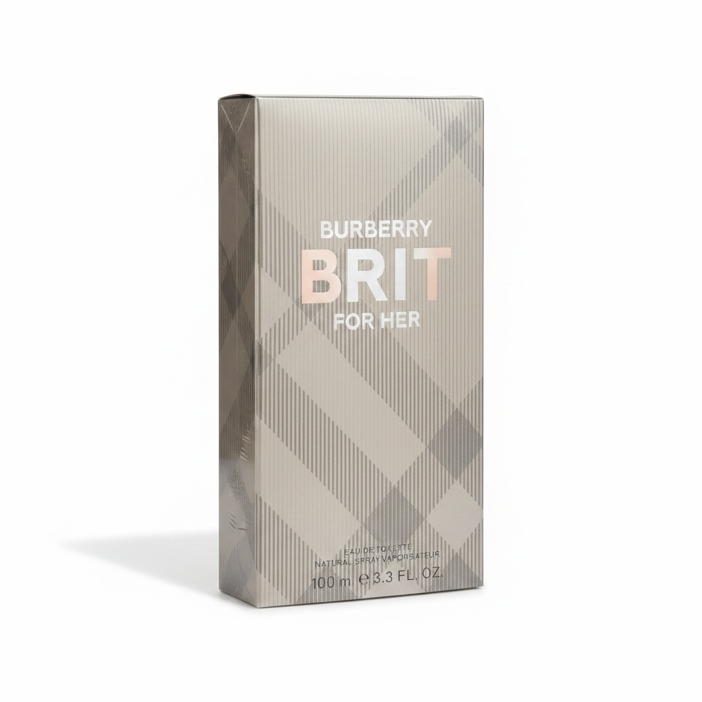 Burberry Brit for Her perfume packaging on a white background