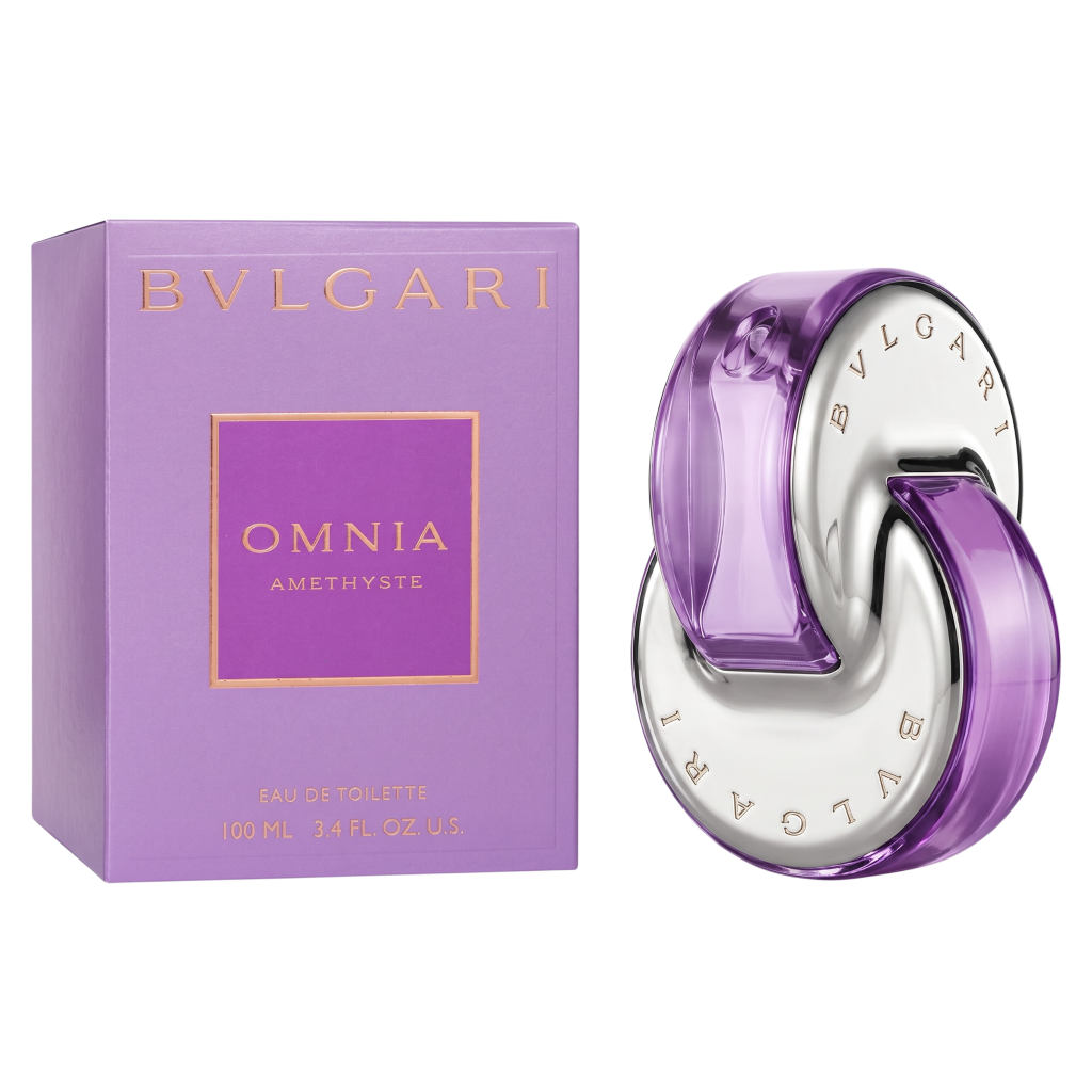 Bulgari Omnia Amethyste perfume bottle and packaging on a white background