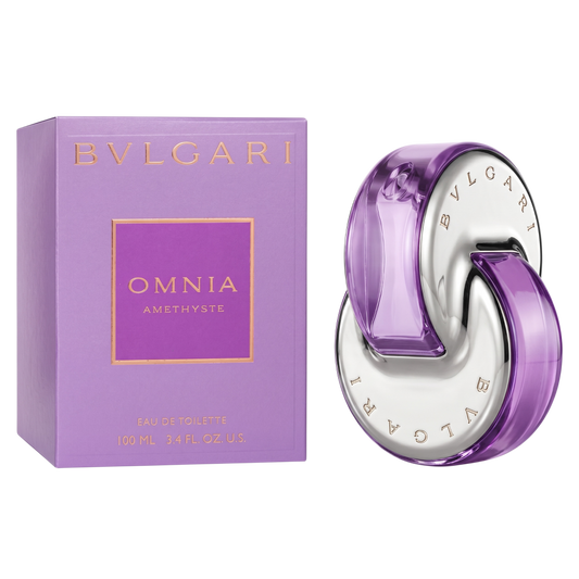 Bulgari Omnia Amethyste perfume bottle and packaging on a white background