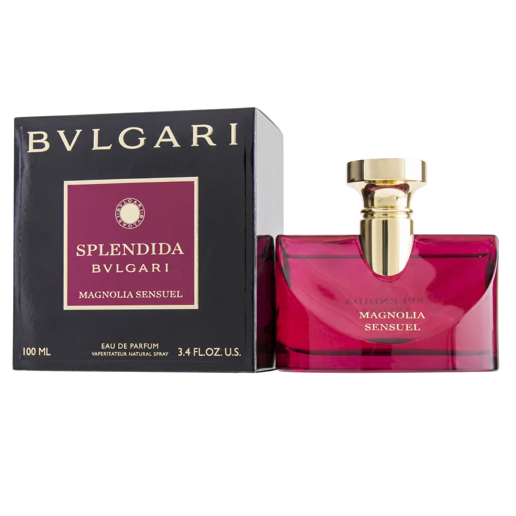 Bulgari Splendida Magnolia Sensuel perfume bottle and packaging on a white background