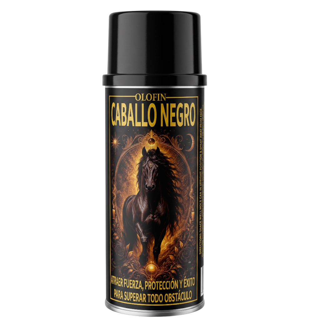 A black aerosol can of Olofin Caballo Negro spray, featuring a label with a black horse illustration and gold lettering, set against a plain white background.