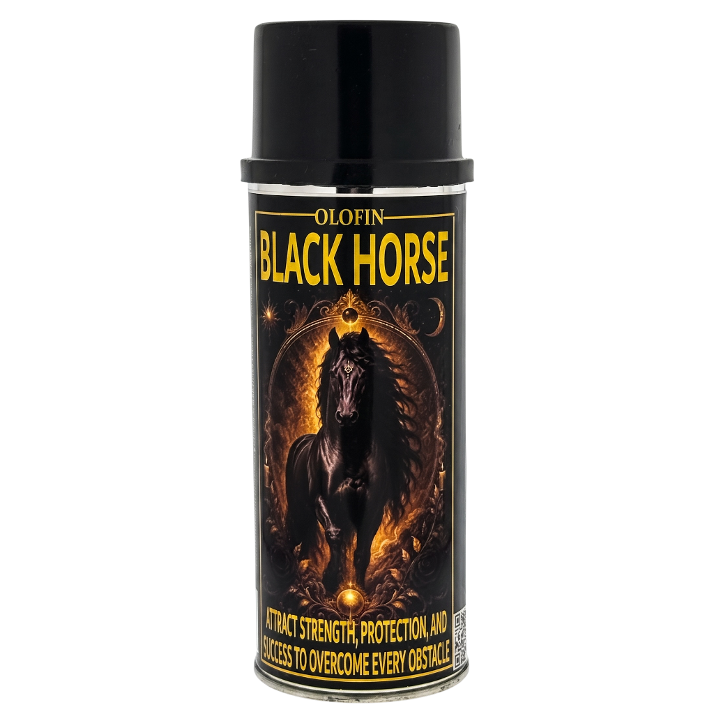 A black aerosol can of Olofin Black Horse spray with a black cap and a label featuring a dark horse illustration in gold and orange tones, on a white background.