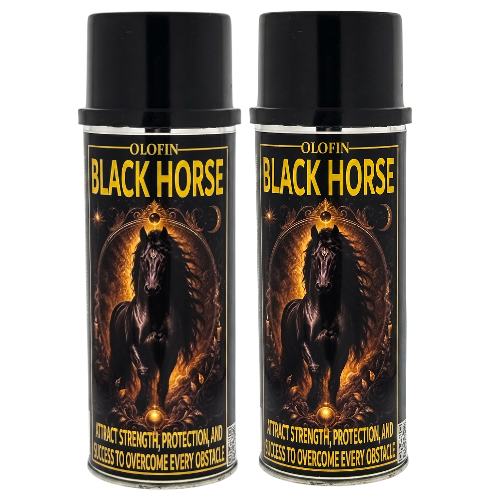 Two black spray cans of Olofin Black Horse hair wax shown side by side on a plain white background.