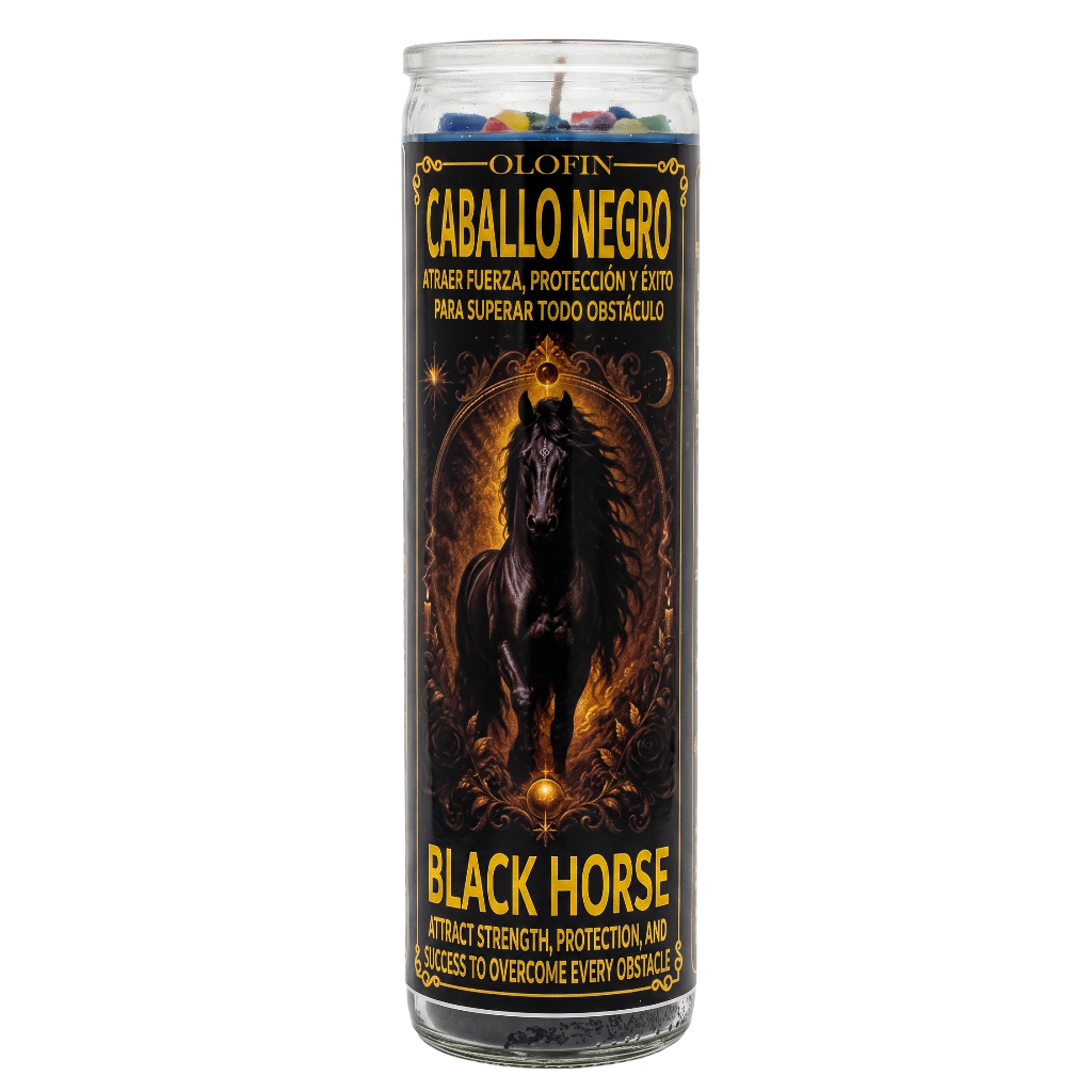 A tall glass prayer candle with a black label featuring a black horse illustration and Spanish text reading 'Caballo Negro' and 'Black Horse.' The candle is shown upright on a plain white background.