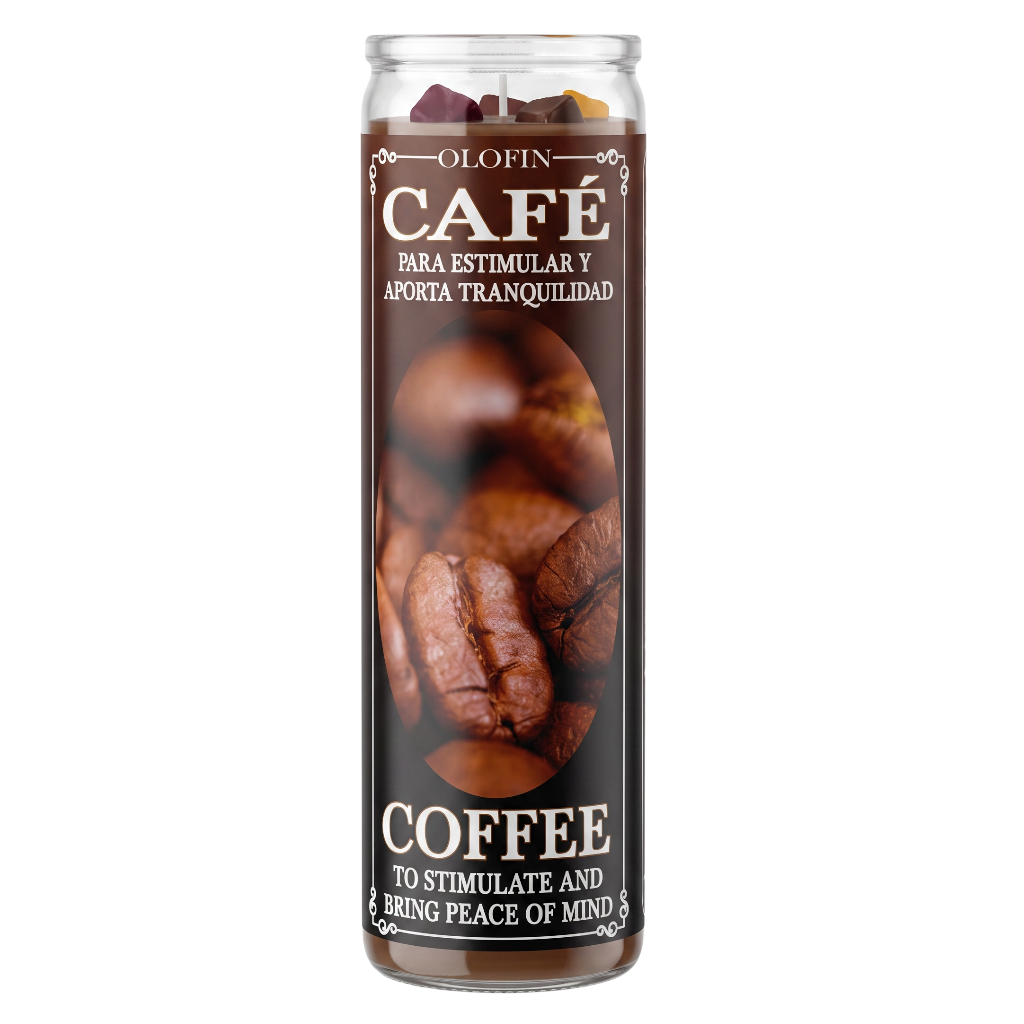 A tall glass jar candle labeled 'Olofin Café' with coffee beans printed on the front, shown against a plain white background.