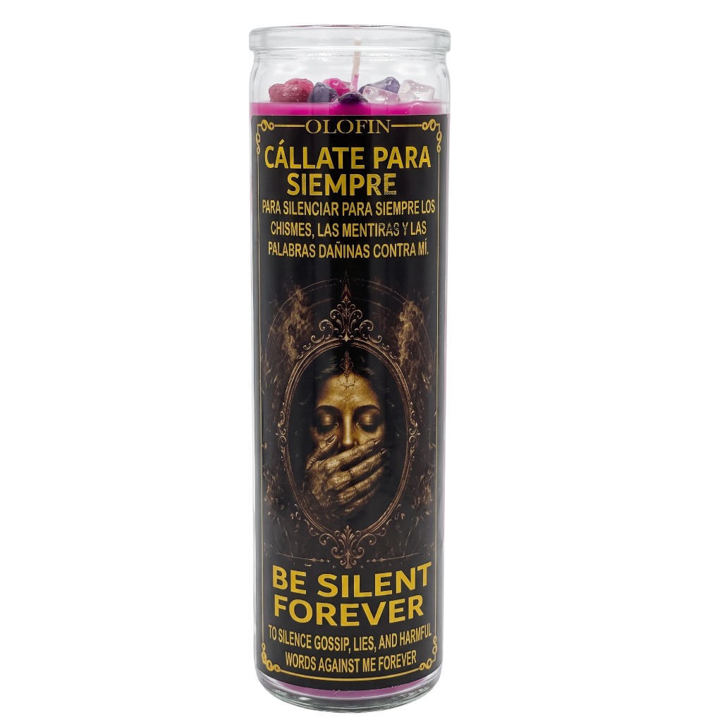 A tall glass jar candle with a black label featuring a gothic portrait and Spanish text reading 'CÁLLATE PARA SIEMPRE' and 'BE SILENT FOREVER,' with purple wax visible at the top.