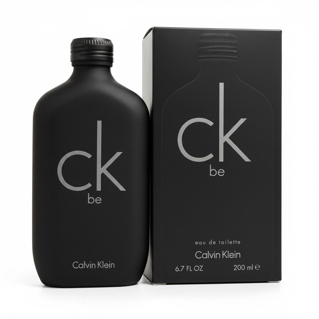 Black Calvin Klein CK be perfume bottle and packaging on a white background