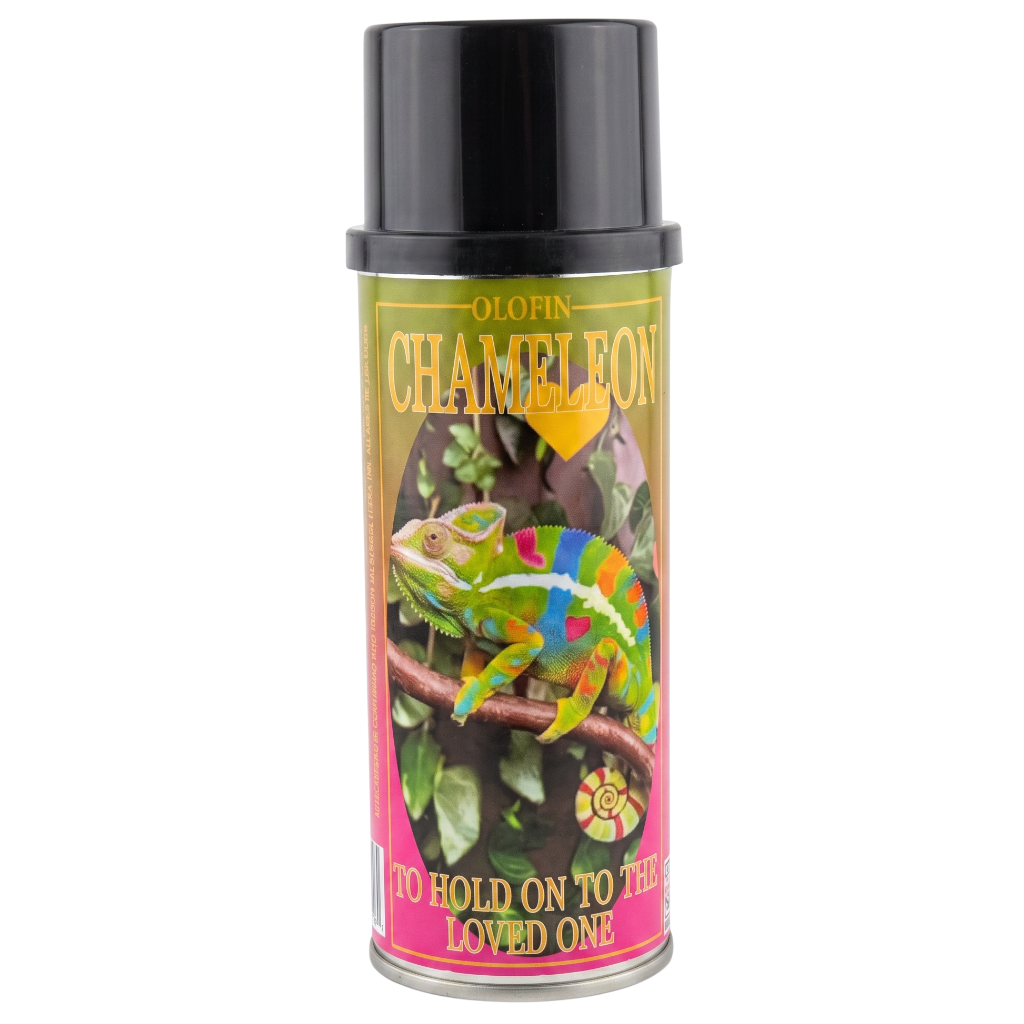 A can of Old Fin Chameleon spray paint with a colorful chameleon illustration on the label, set against a plain white background.