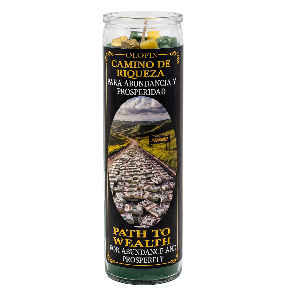 A tall glass jar candle labeled 'Olofin Camino de Riqueza Para Abundancia y Prosperidad' with a black label, gold text, and a central image of a road covered in cash. The candle is shown on a plain white background.