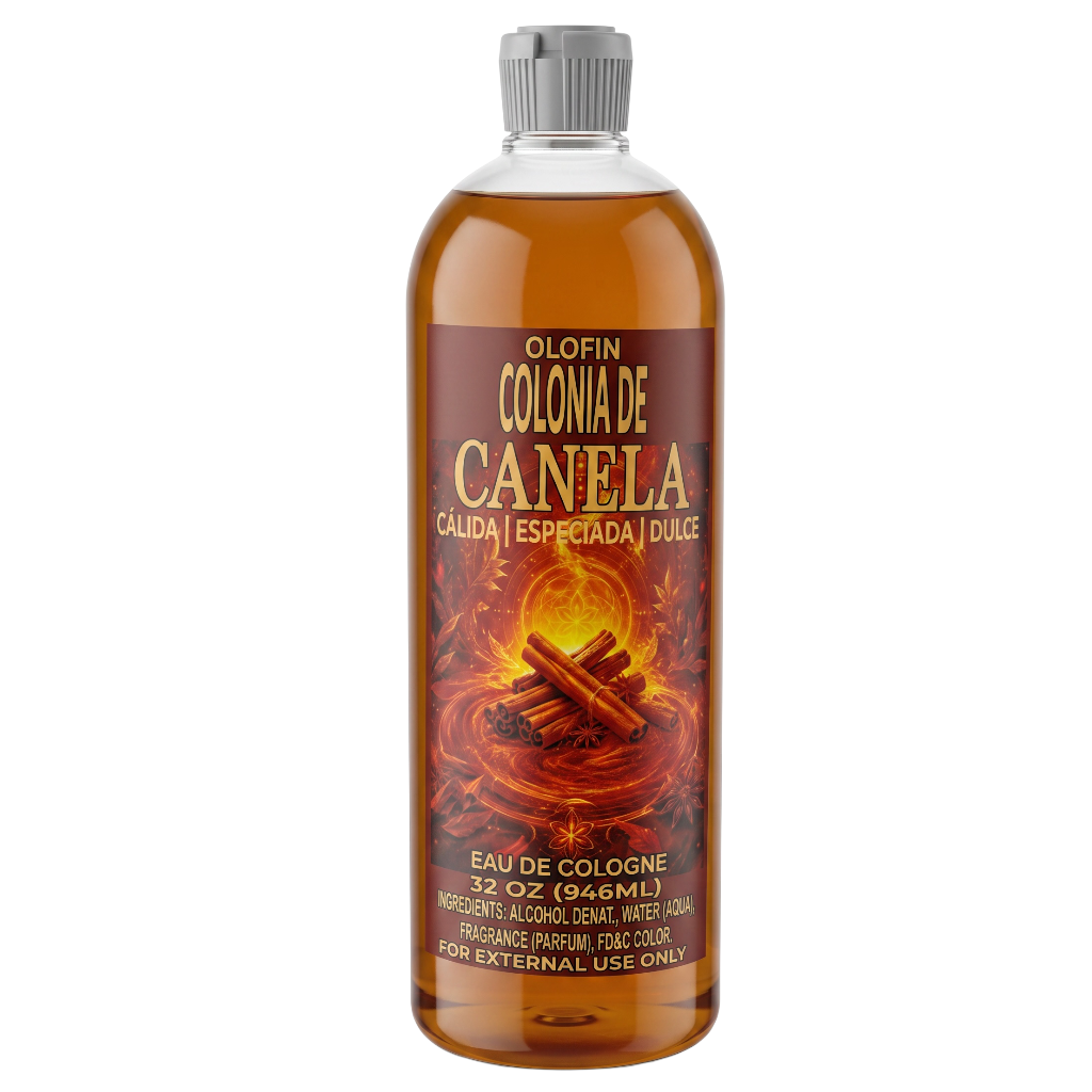 A 32 oz bottle of Olofin Colonia de Canela Eau de Cologne, featuring a clear bottle filled with amber liquid and a brown label with fiery red and orange graphics of cinnamon sticks.