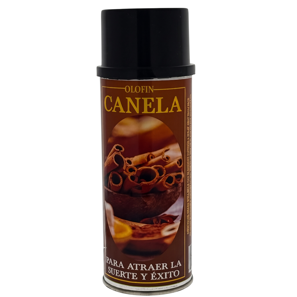 A can of Olofin Canela spray, featuring a black cap and a brown label with cinnamon illustrations, on a plain white background.
