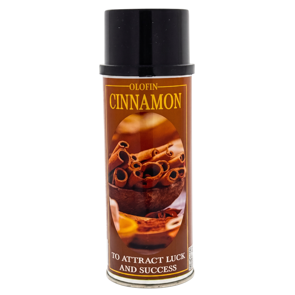 A can of Olofin Cinnamon spray with a black cap and a brown label featuring cinnamon sticks, on a plain white background.