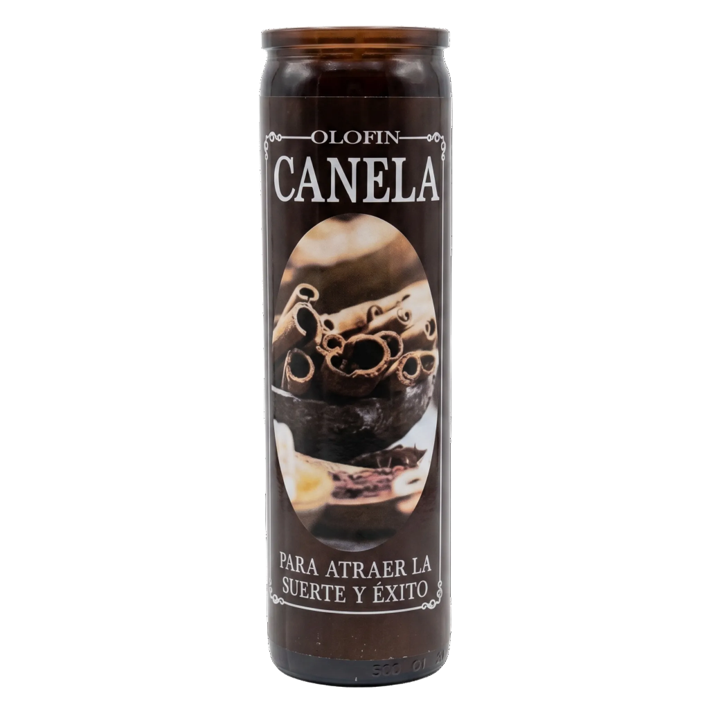 A tall, dark brown glass jar candle with a matching dark brown label. The label features the brand name 'OLOFIN' and the scent name 'CANELA' in white lettering, along with a central image of cinnamon sticks and Spanish text 'PARA ATRAEAR LA SUERTE Y ÉXITO'.