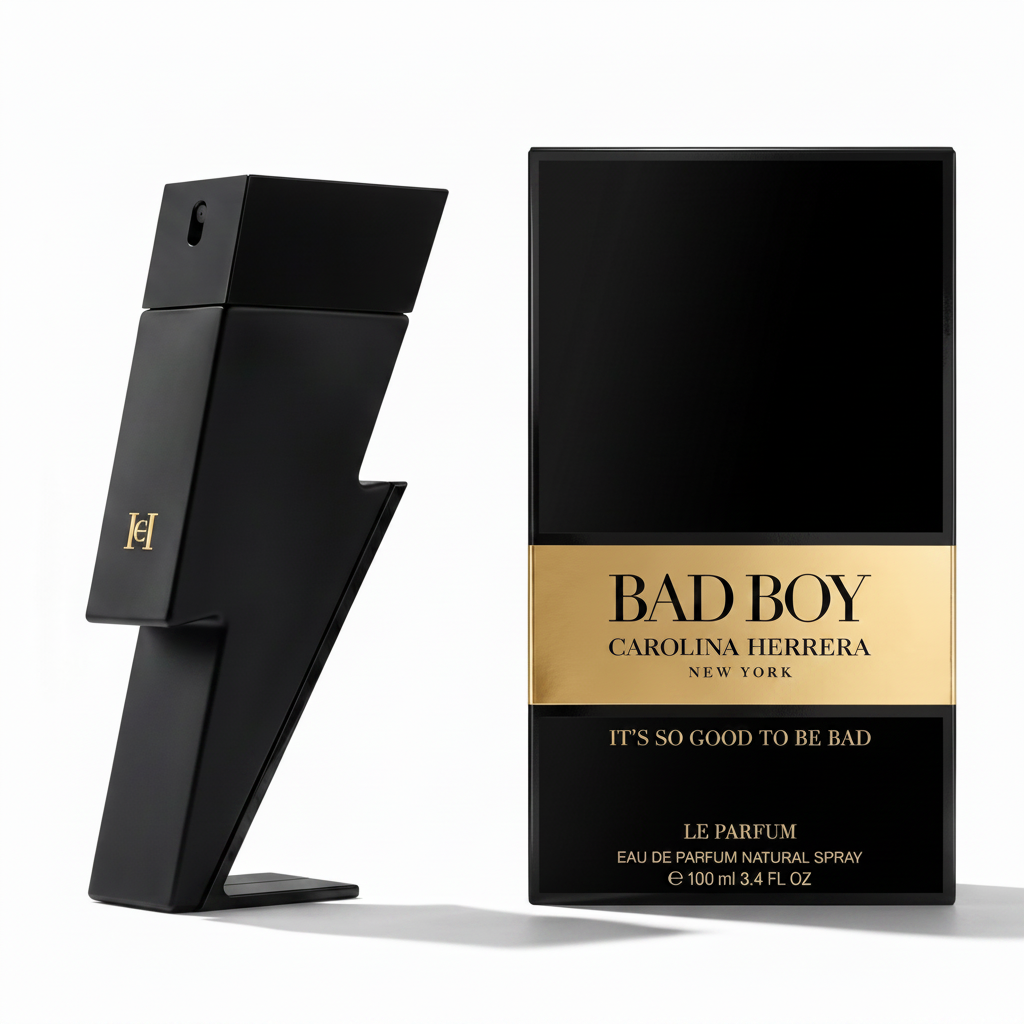 Black and gold Carolina Herrera Bad Boy perfume bottle and packaging on a white background
