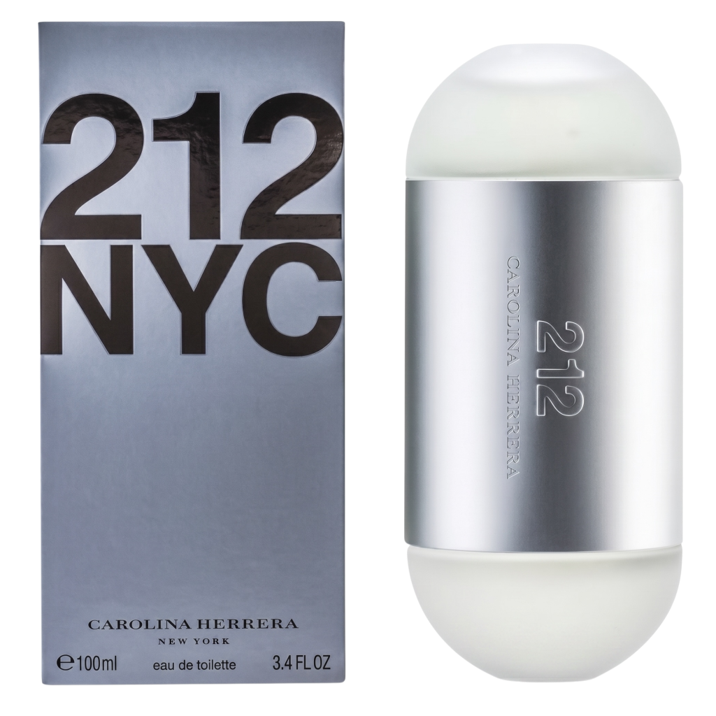 Carolina Herrera 212 NYC perfume bottle and packaging on a white background