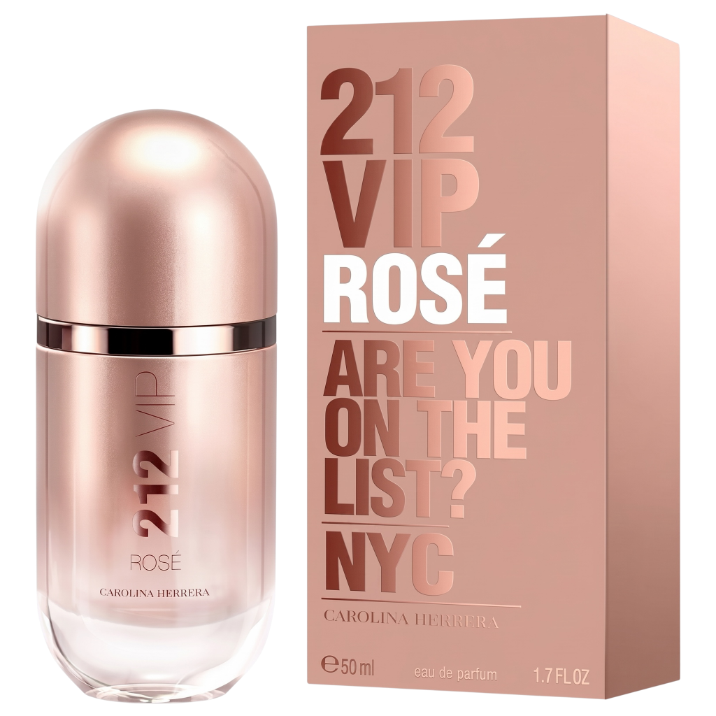 Carolina Herrera 212 VIP Rosé perfume bottle and packaging on a white background