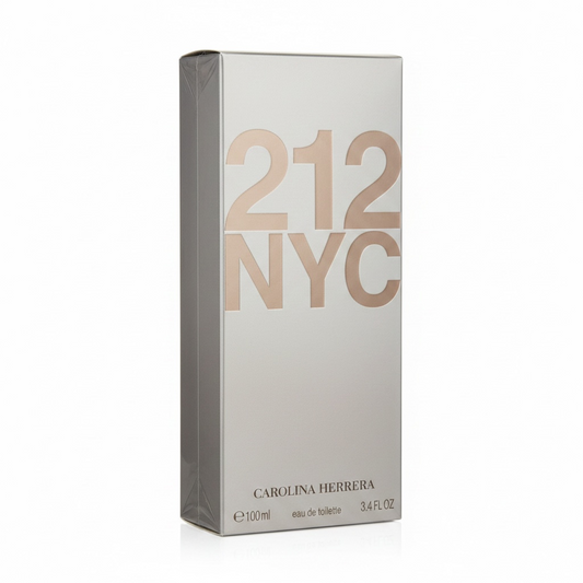 Carolina Herrera 212 NYC perfume box on a white background