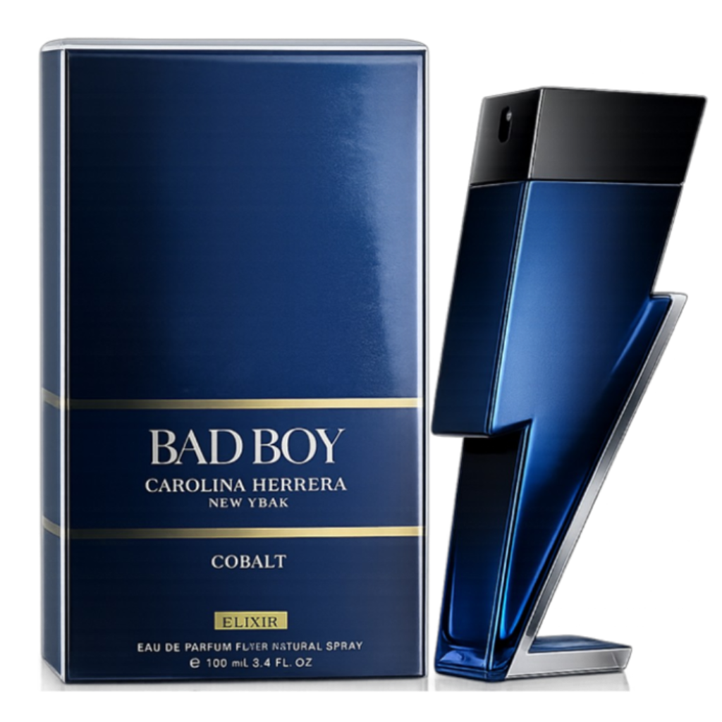 Carolina Herrera Bad Boy Cobalt perfume bottle and packaging on a white background