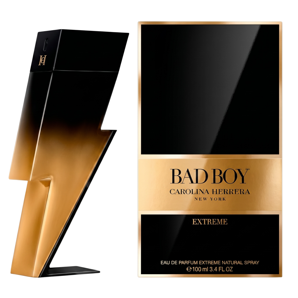 Carolina Herrera Bad Boy Extreme perfume bottle and packaging on a white background