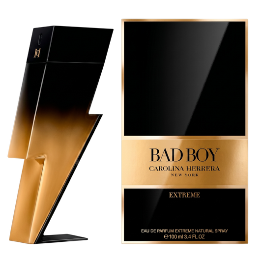 Carolina Herrera Bad Boy Extreme perfume bottle and packaging on a white background
