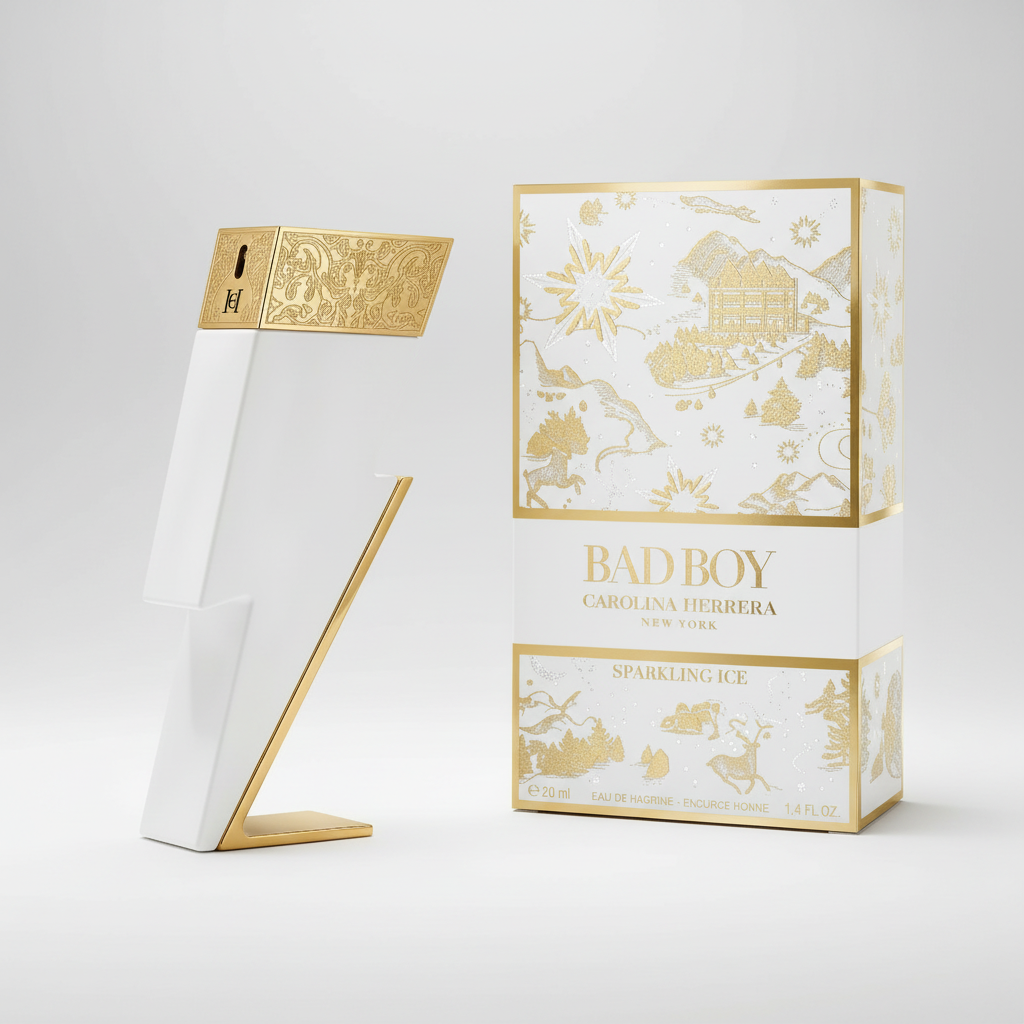 Carolina Herrera Bad Boy Sparkling Ice perfume bottle and packaging on a white background