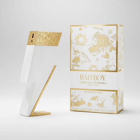 Carolina Herrera Bad Boy Sparkling Ice perfume bottle and packaging on a white background