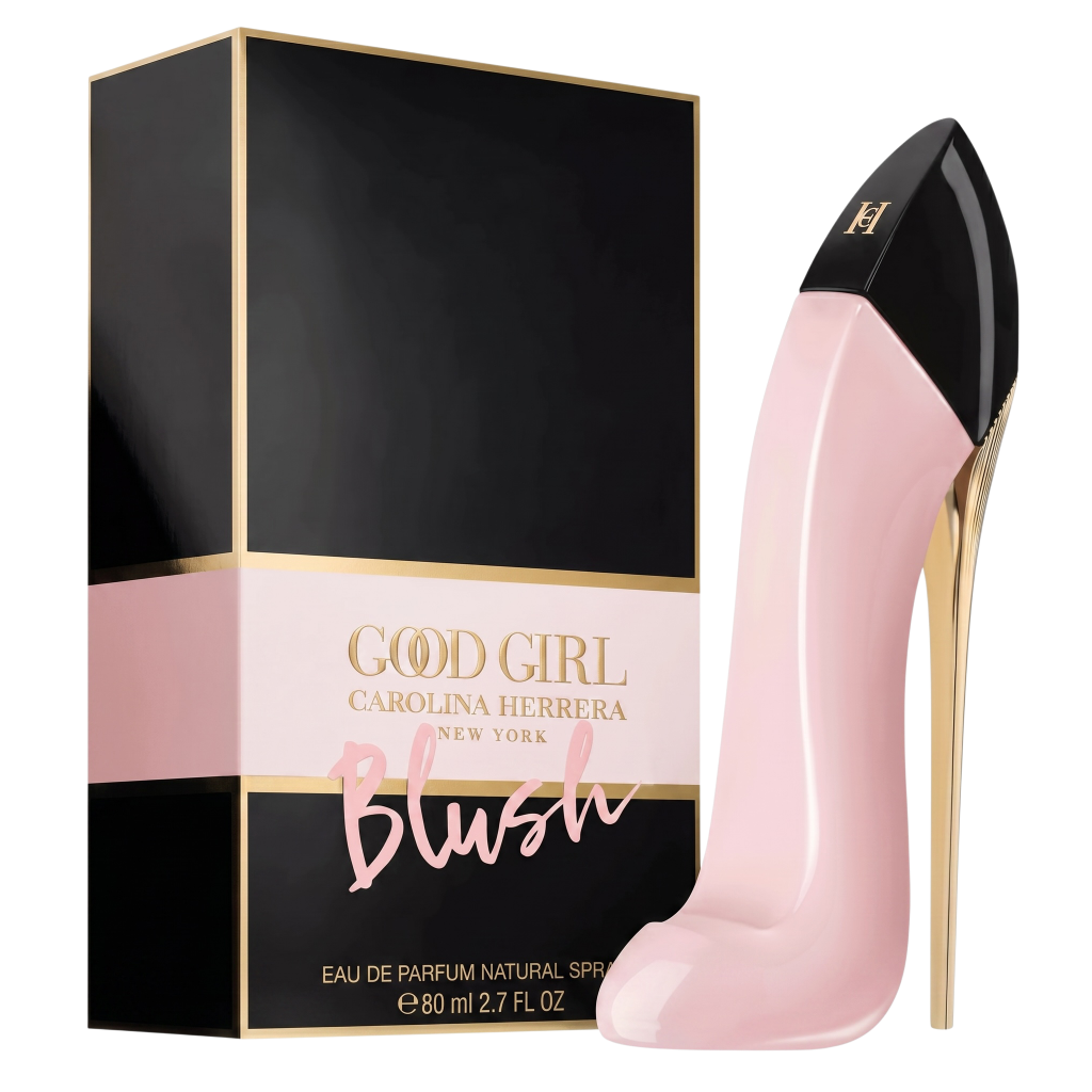 Carolina Herrera Good Girl Blush perfume packaging with a pink high-heeled shoe.