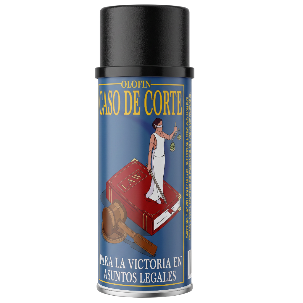 A can of Olofin spray paint with a black cap and a blue label featuring a red book, a gavel, and a woman in a white dress, with Spanish text 'CASO DE CORTE' and 'PARA LA VICTORIA EN ASUNTOS LEGALES'.