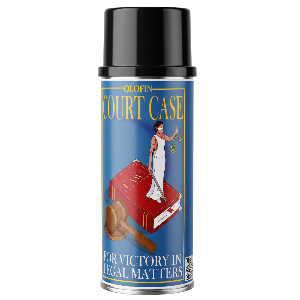 A can of Olofin Court Case spray with a black cap and a blue label featuring a red law book, a gavel, and an illustration of a woman in a white toga holding a scale of justice.