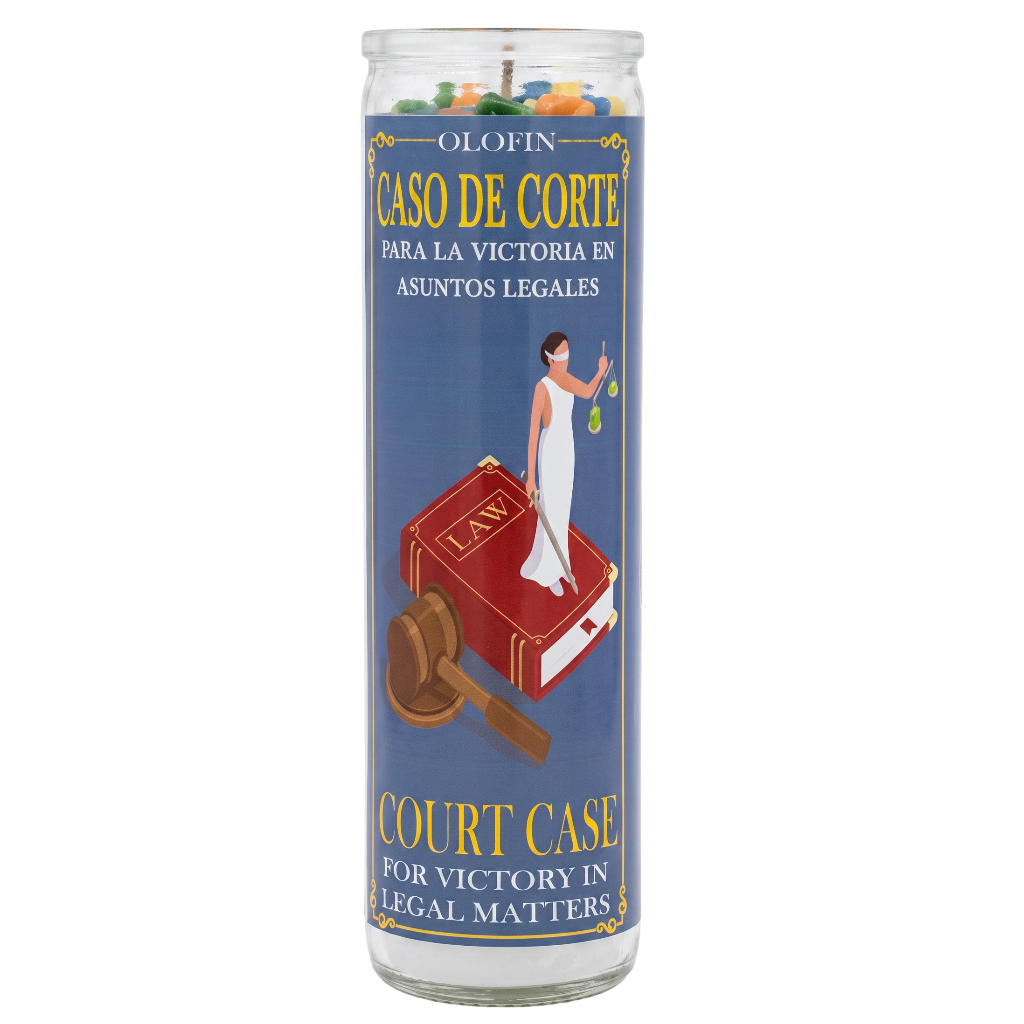 A tall glass prayer candle with a blue label featuring a red law book, a gavel, and an illustration of a woman in a white dress. The label reads 'OLOFIN' and 'Caso de Corte / Court Case' with yellow text on a white background.