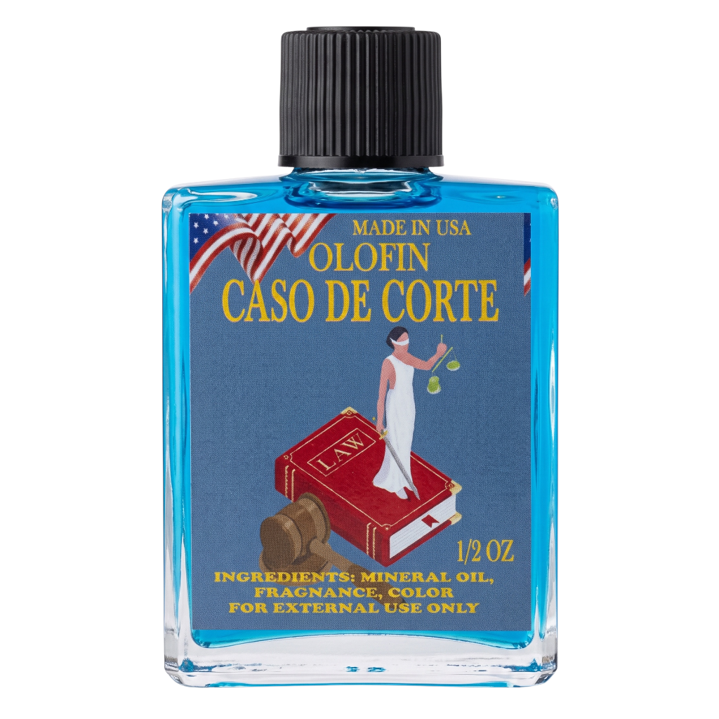 A 1/2 oz bottle of Olofin 'Caso de Corte' mineral oil fragrance. The product is in a clear glass bottle showing the blue liquid inside, topped with a black ribbed cap.