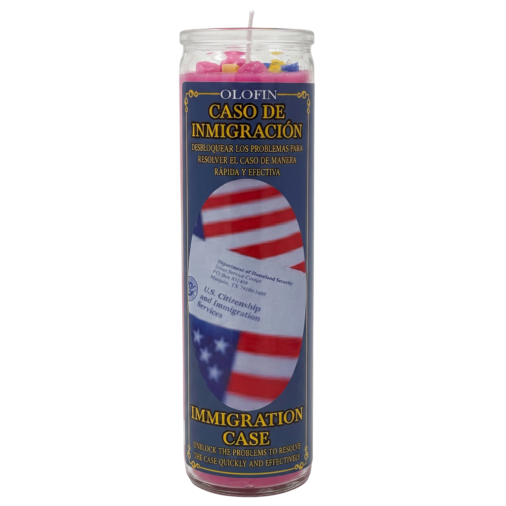 A tall glass jar candle with a printed label reading 'OLOFIN CASO DE INMIGRACIÓN' and 'IMMIGRATION CASE,' featuring a red, white, and blue American flag design and a small citizenship document graphic on a white background.