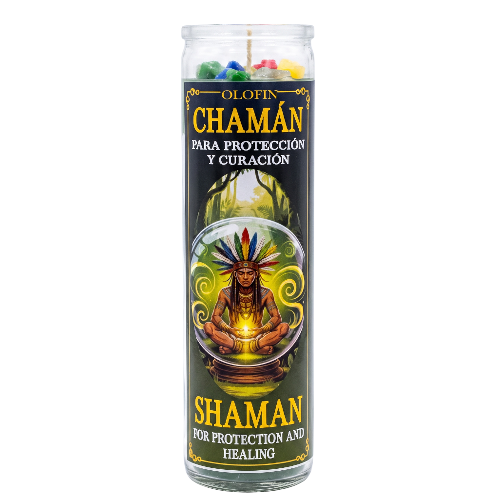 A tall glass jar candle labeled 'Olofin Chamán' for protection and healing, featuring a shaman illustration on a black and green label with gold lettering, shown on a white background.