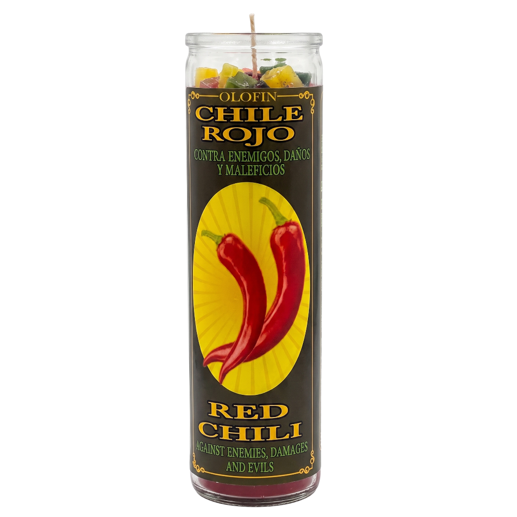 A tall glass jar candle labeled 'Olofin Chile Rojo' and 'Red Chili' with a graphic of two red chili peppers on a yellow sunburst, set against a plain white background.