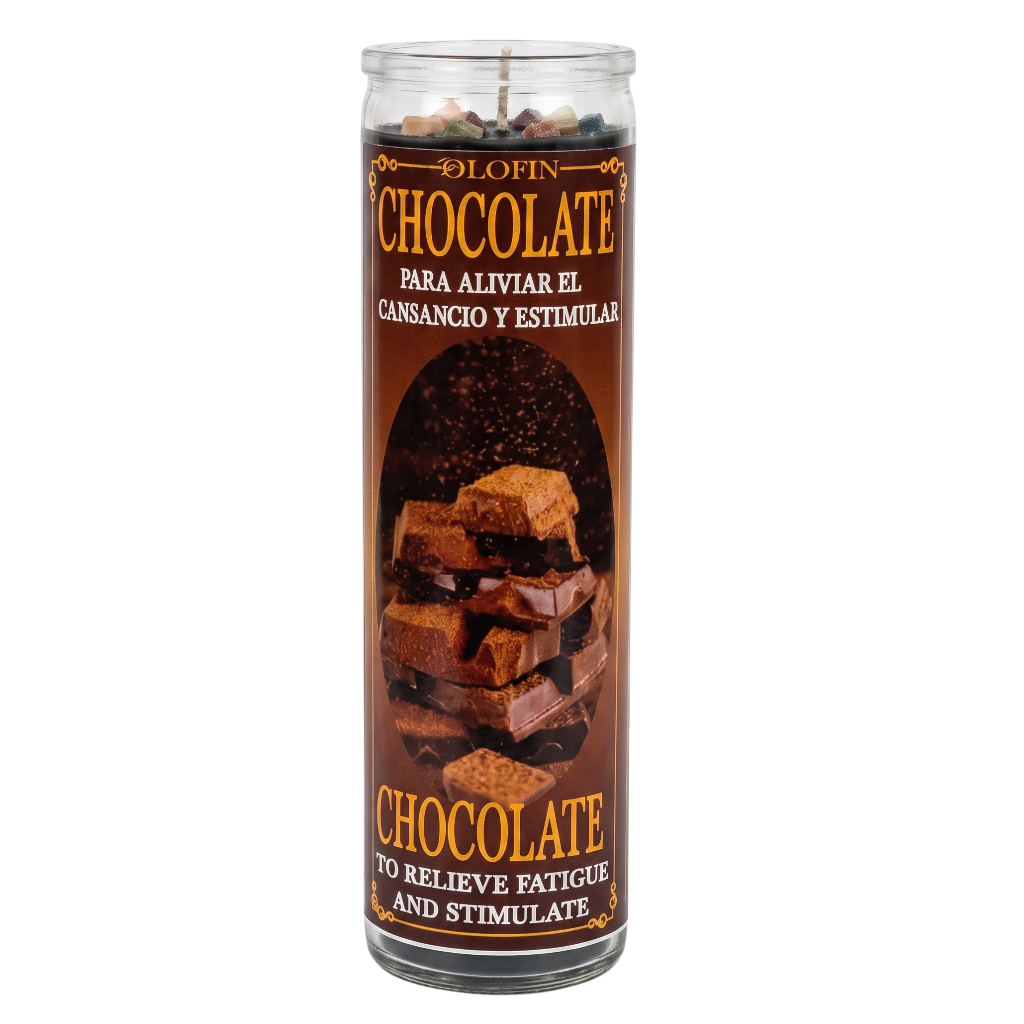 A tall glass jar candle with a clear lid and a brown label featuring chocolate imagery and Spanish text reading 'LOFIN CHOCOLATE' and 'PARA ALIViar EL CAUSANCIO Y ESTIMULAR'.