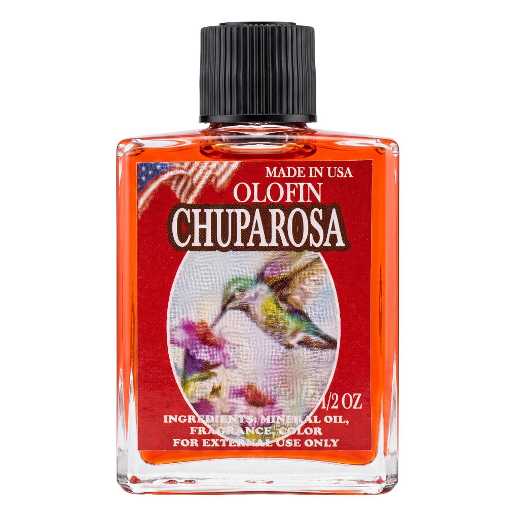 A 1/2 oz glass bottle of Olofin Chuparosa fragrance oil with a black cap, featuring a red label with a hummingbird illustration.