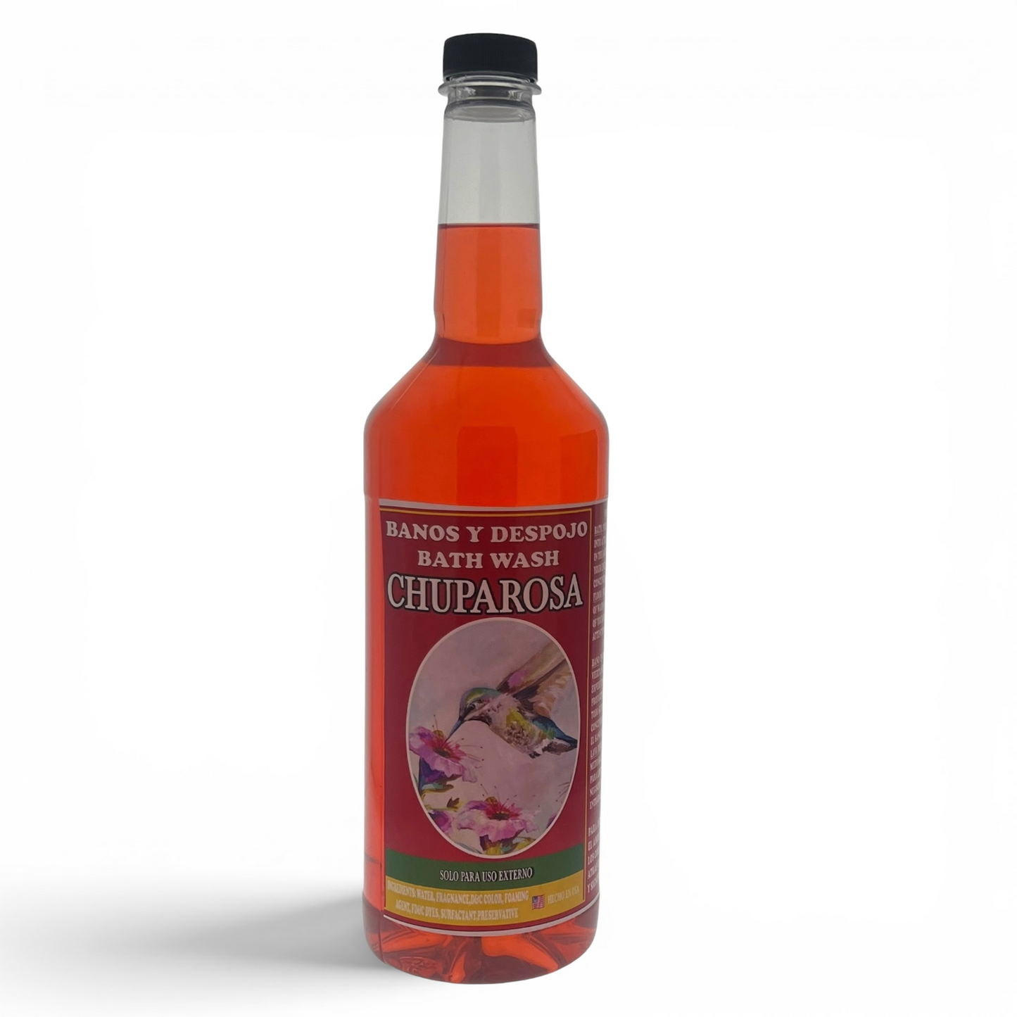 A bottle of Chuparosa bath wash with a red label and orange-red liquid inside, shown on a white background.